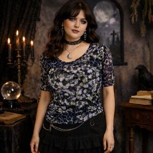 White House Black Market Mesh Top Blue Leopard Floral Ruched Short Sleeve S